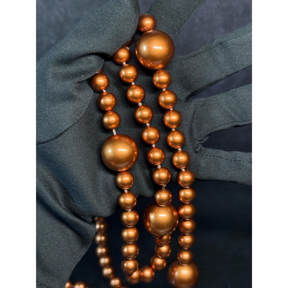 Copper Tone Faux Pearl Necklace Knotted Beads Filigree Clasp 40"